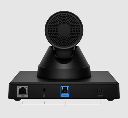 Rear view of the Poly Studio E60 camera showing its Ethernet, USB-B and power ports