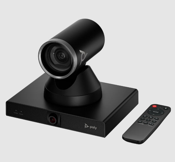 Front view of the Poly Studio E60 camera on its base with the included remote control