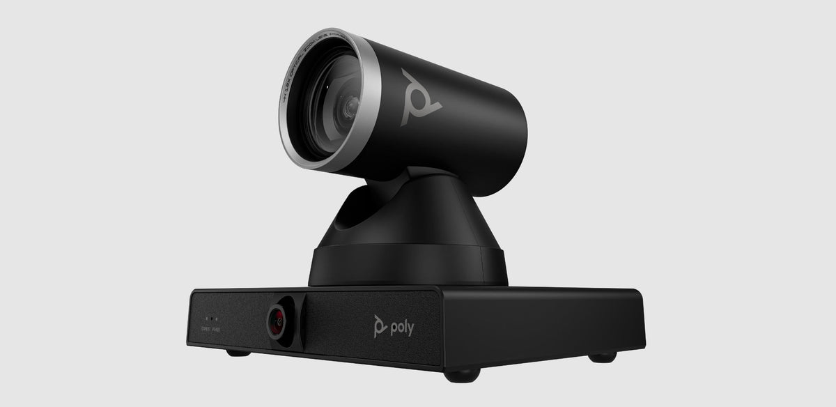 Poly Studio E60 smart PTZ camera on its base, shown at an angle against a light background