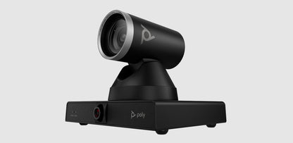 Poly Studio E60 smart PTZ camera on its base, shown at an angle against a light background