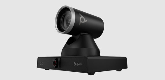 Poly Studio E60 smart PTZ camera on its base, shown at an angle against a light background