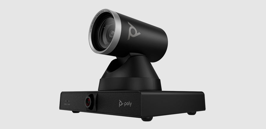Poly Studio E60 smart PTZ camera on its base, shown at an angle against a light background