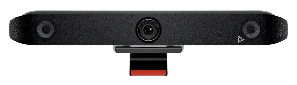 Front view of the Poly Studio X52 all-in-one video bar with central camera and two built-in speakers