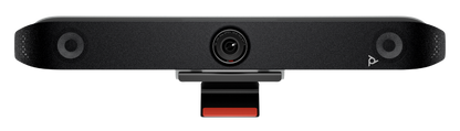 Front view of the Poly Studio X52 all-in-one video bar with central camera and two built-in speakers