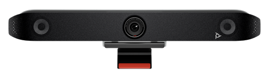 Front view of the Poly Studio X52 all-in-one video bar with central camera and two built-in speakers