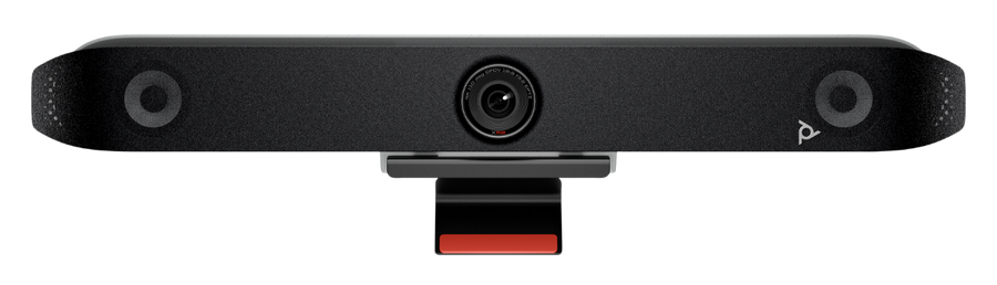 Front view of the Poly Studio X52 all-in-one video bar with central camera and two built-in speakers
