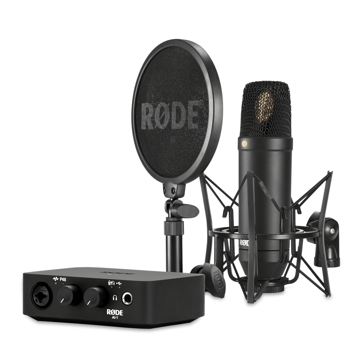 RØDE NT1 and AI-1 Complete Studio Kit: NT1 microphone with SM6 shock mount and pop filter beside the AI-1 audio interface