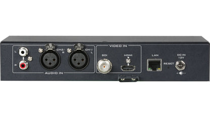 Datavideo NVS-35 HDMI SDI video encoder rear panel with XLR, RCA, SDI, HDMI and LAN connections