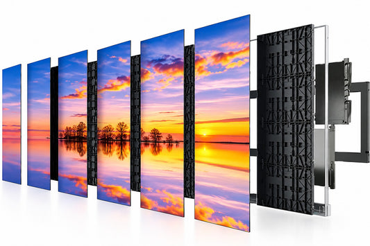 All-in-One Active LED Video Wall exploded view showing LED cabinets, module panels and mounting frame - Universal AV Solutions
