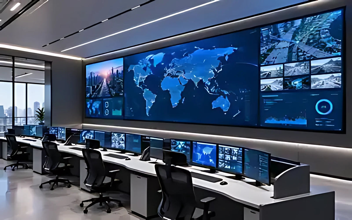 Command centre video wall with global network monitoring dashboards