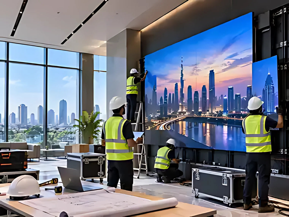 Universal AV Solutions technicians installing a large-format LED video wall displaying a city skyline in a modern office control room