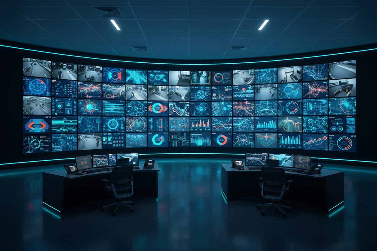 Command and control centre with a curved video wall of live monitoring screens, an AV project by Universal AV Solutions