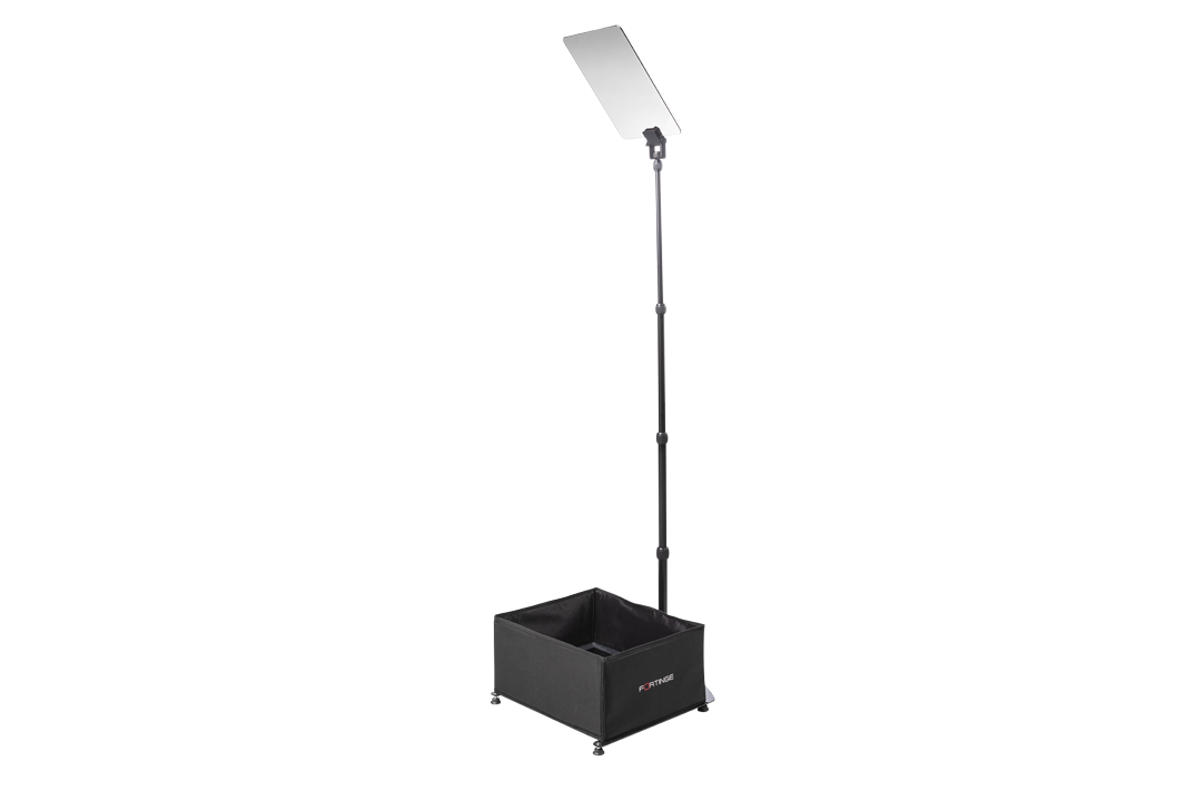 Fortinge PROC conference teleprompter with monitor floor unit and monopod-mounted glass