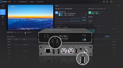 Kiloview E3 web interface with recording to USB storage while streaming