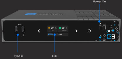 Kiloview E3 front panel with Type-C USB ports, LCD and power switch