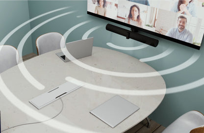 Jabra PanaCast 50 under a screen in a meeting room with audio pickup illustrated