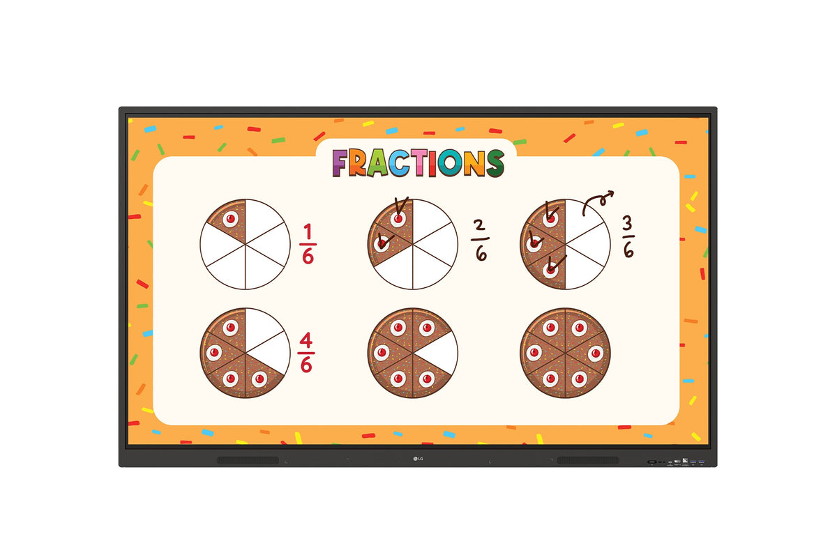 LG CreateBoard TR3ER 4K interactive flat panel showing a classroom fractions lesson