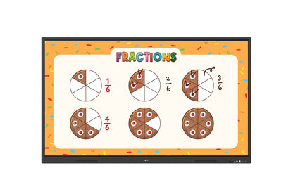 LG CreateBoard TR3ER 4K interactive flat panel showing a classroom fractions lesson
