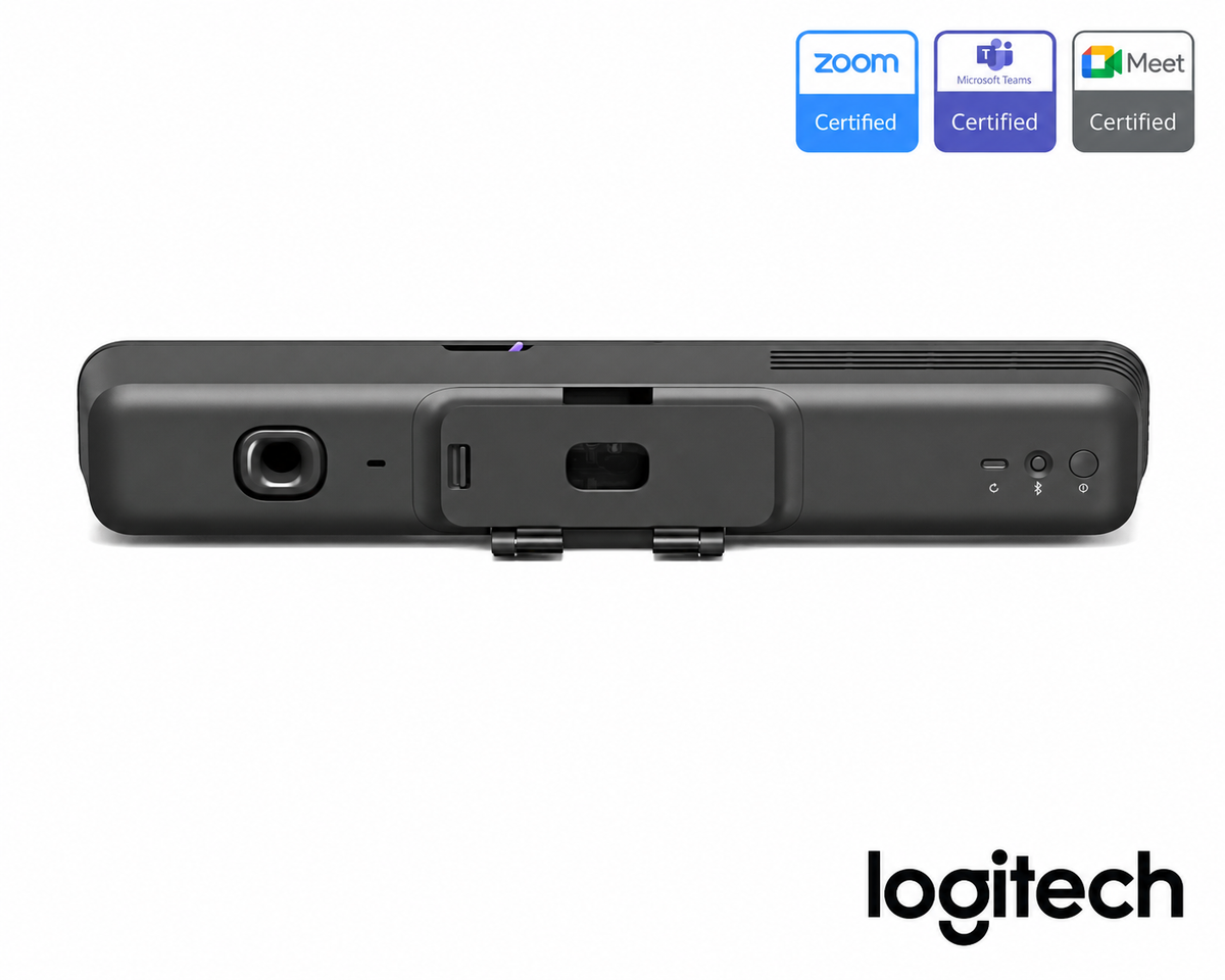 Logitech MeetUp 2 video conferencing bar, rear view showing connectivity and product markings
