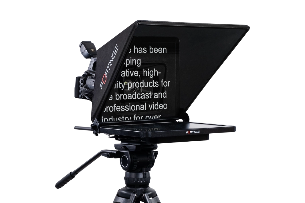 Fortinge PROX studio teleprompter on a camera tripod, three-quarter view