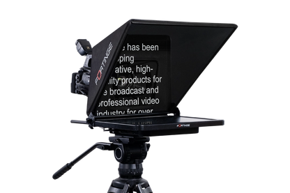 Fortinge PROX studio teleprompter on a camera tripod, three-quarter view
