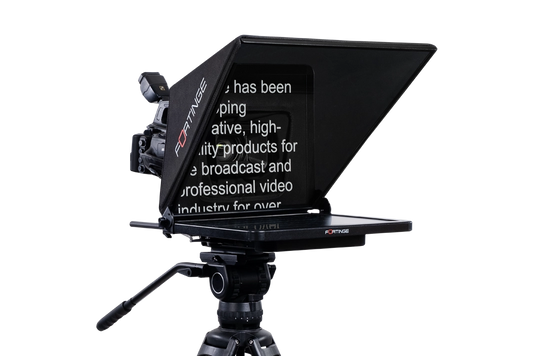 Fortinge PROX studio teleprompter on a camera tripod, three-quarter view