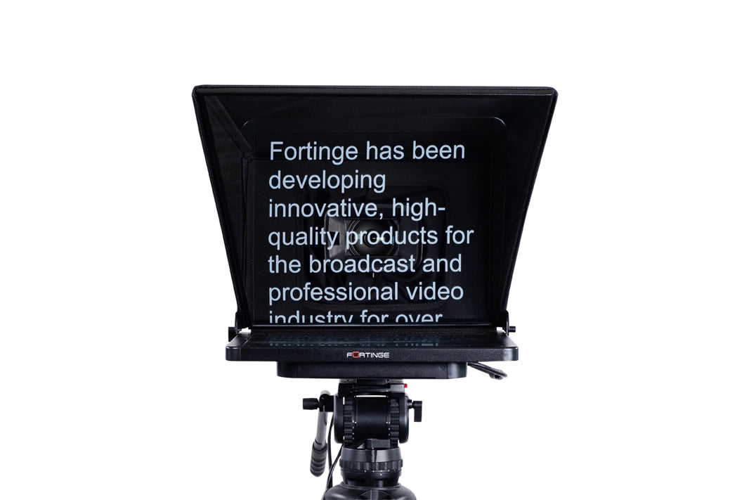 Fortinge PROX studio teleprompter, front view of hood and prompter glass