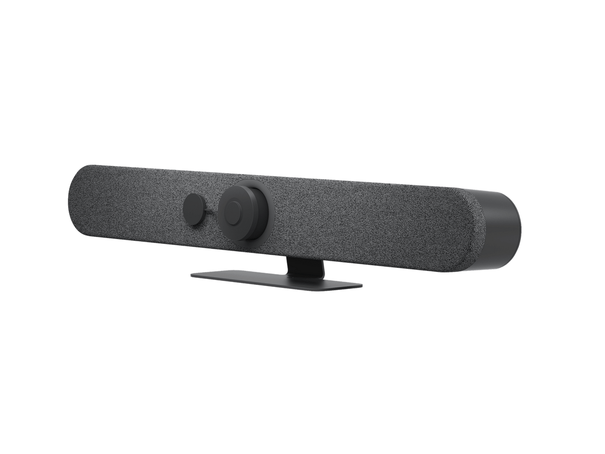 Logitech Rally Bar Mini video conferencing bar, three-quarter angle showing camera and speaker grille