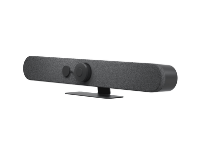 Logitech Rally Bar Mini video conferencing bar, three-quarter angle showing camera and speaker grille
