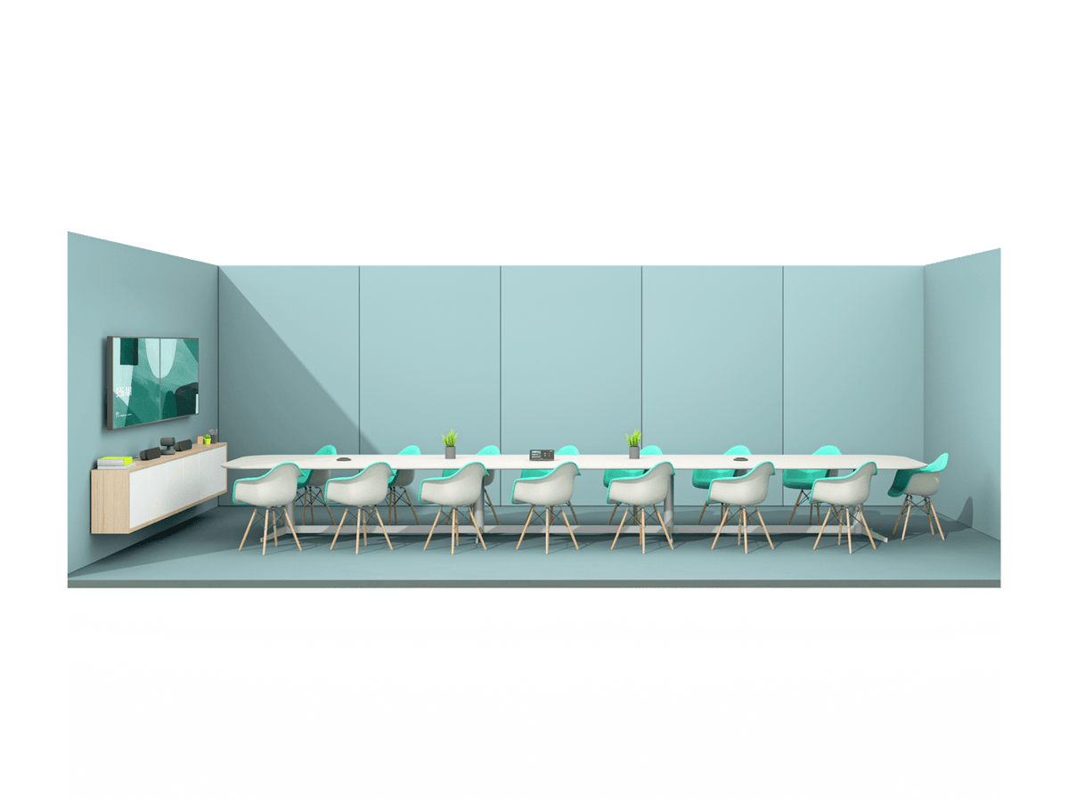 Logitech Rally Plus installed in a large conference room with a long meeting table