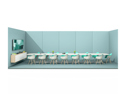 Logitech Rally Plus installed in a large conference room with a long meeting table
