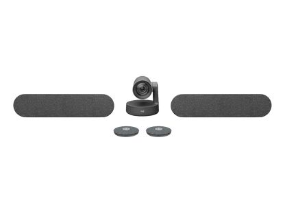 Logitech Rally Plus modular video conferencing system with camera, two speakers and two mic pods
