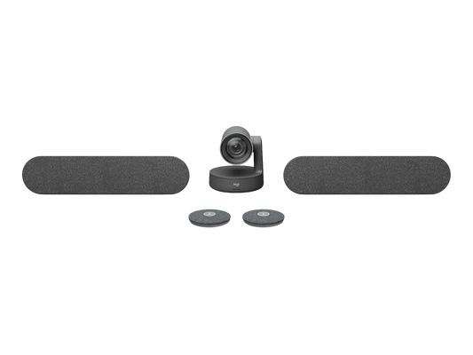 Logitech Rally Plus modular video conferencing system with camera, two speakers and two mic pods