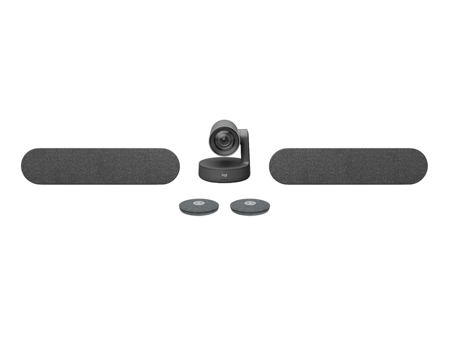 Logitech Rally Plus modular video conferencing system with camera, two speakers and two mic pods