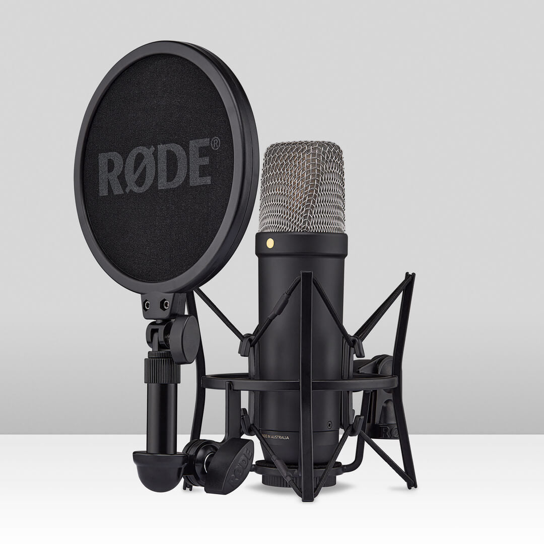 Black RØDE NT1 5th Generation studio condenser microphone in a shock mount with a pop filter