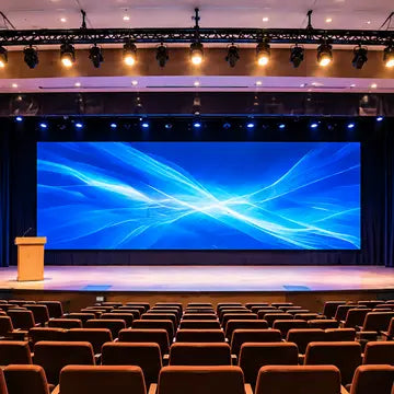 Auditorium with large display, stage and professional AV system