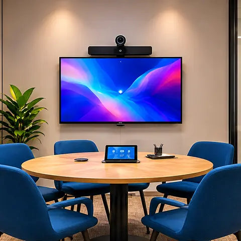 Modern meeting room with video conferencing display and AV system