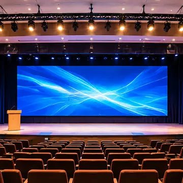 Auditorium with large display, stage and professional AV system