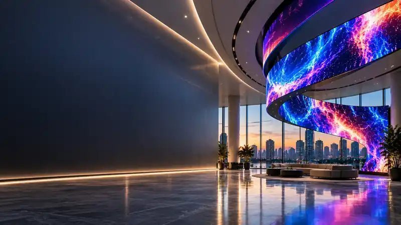 Modern LED-walled lobby with a curved ceiling display