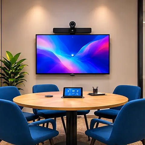 Modern meeting room with video conferencing display and AV system